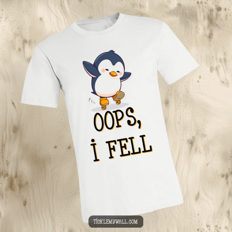 Funny t-shirt featuring a penguin losing its balance spectacularly on roller skates. A comical depiction of unexpected athletic failure.