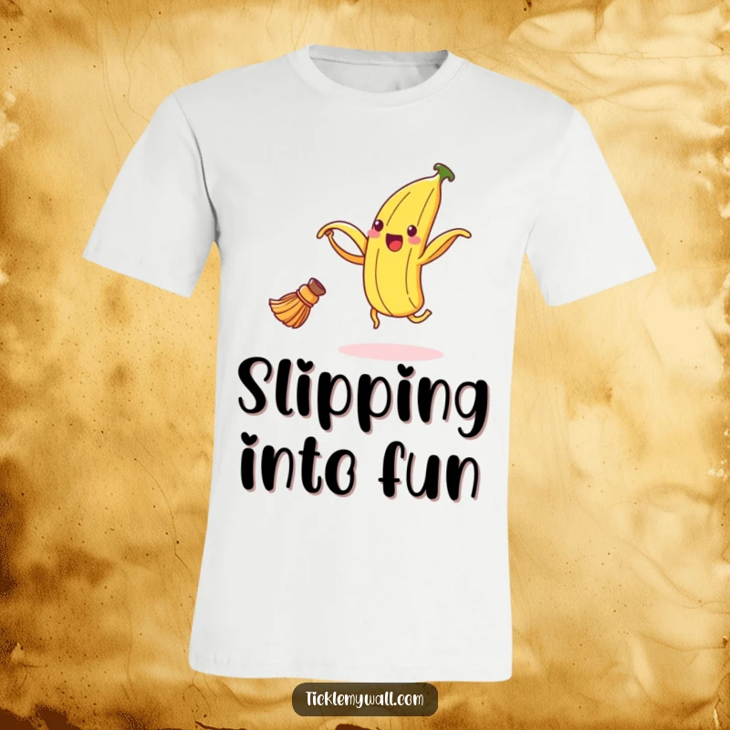 Funny banana peel t-shirt featuring a delighted peel dancing enthusiastically with a broom, showcasing a humorous celebration.