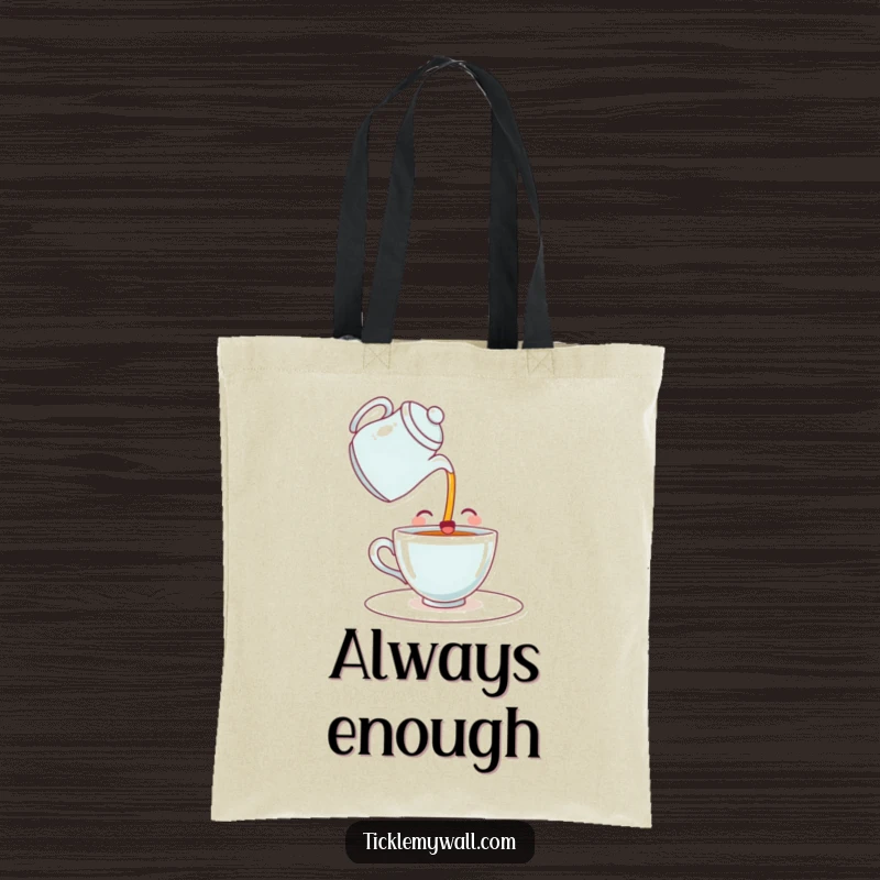 Funny tote bag featuring a happy teacup comically pouring itself a drink from a teapot. Stylish, practical, and full of morning cheer.