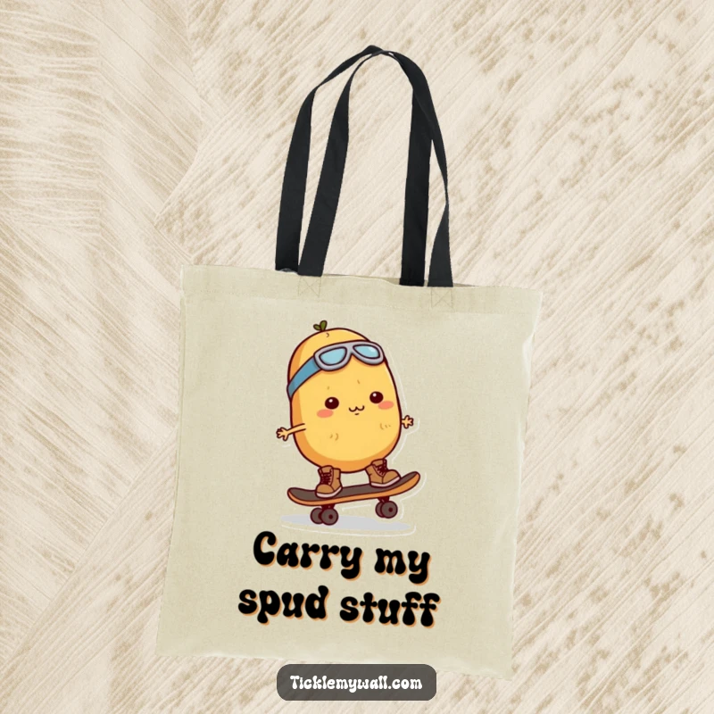 Funny Potato Skater Tote Bag: A determined potato character on a skateboard, perfect for carrying essentials with humor.