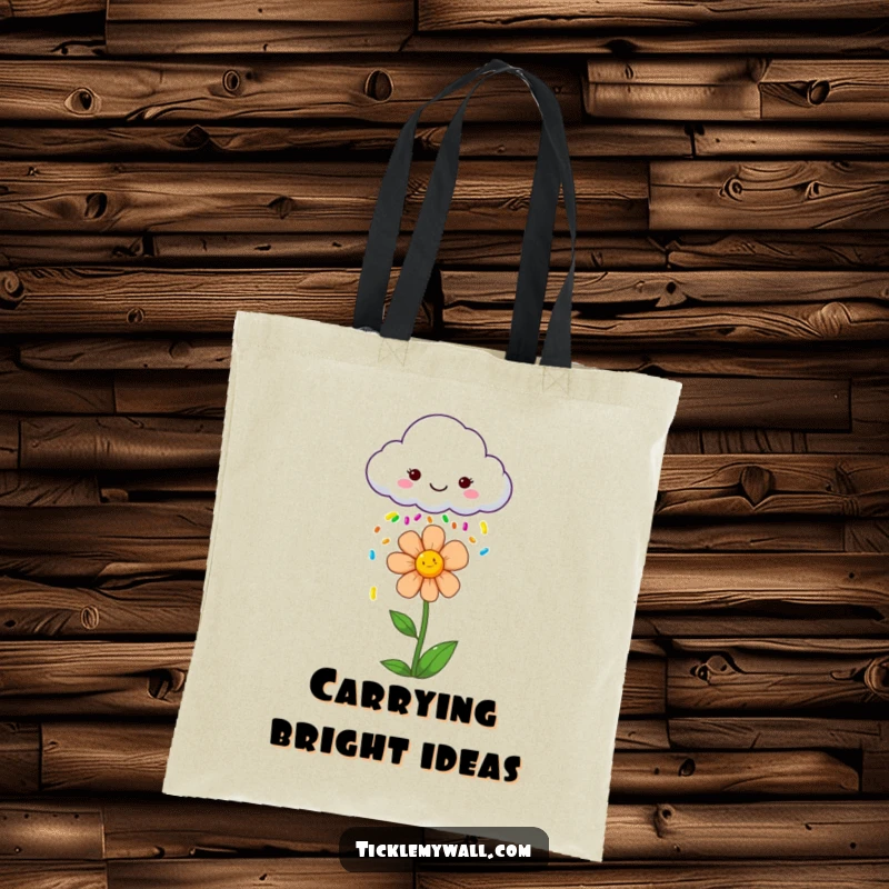 Funny tote bag with a smiling cloud raining colorful sprinkles onto a cheerful flower, a portable piece of joy.