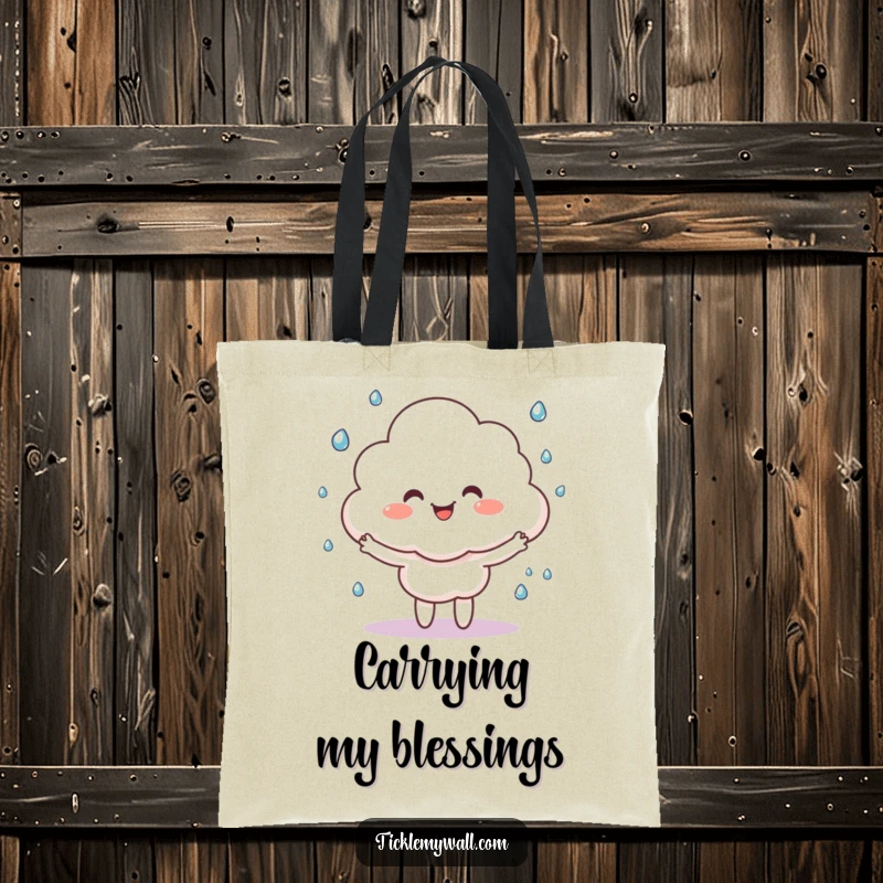 Funny happy cloud character juggling tiny raindrops, on a durable tote bag, ideal for shopping and whimsical vibes.