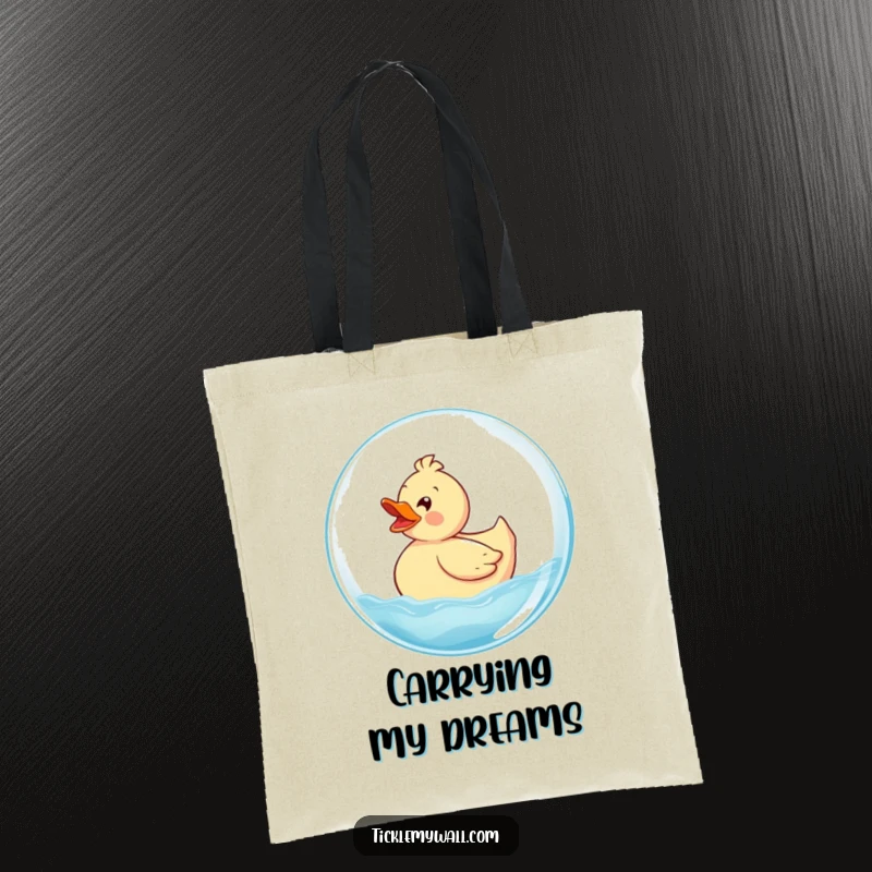 Funny Rubber Ducky Tote Bag depicting a delighted ducky adventuring on a giant bubble, perfect for carrying happiness and essentials.