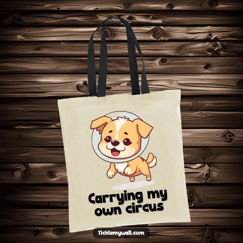 Funny tote bag showcasing a bewildered dog wearing a cone of shame and comically chasing its tail, a practical and humorous gift item.