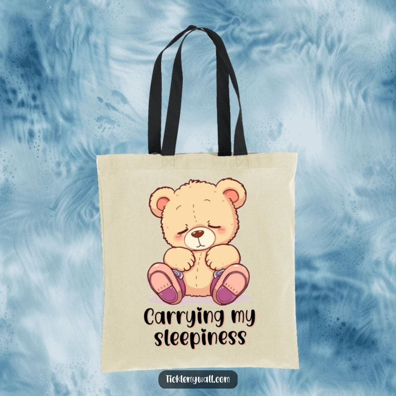 Funny tote bag illustration of a sleepy teddy bear adorably wearing shoes on its paws, a charming and humorous accessory.