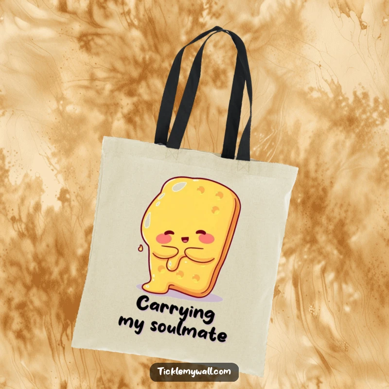 Funny tote bag with a melted cheese blob hugging a giant cracker, ideal for carrying snacks and essentials.