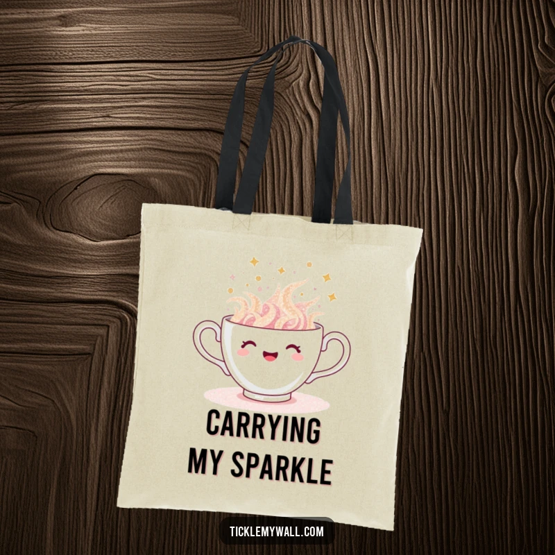 Funny teacup tote bag, shopper with a cup overflowing with glitter, spilling joyfully, practical sparkle.