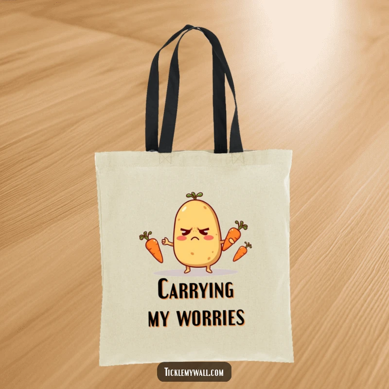 Funny Tote Bag: A nervous potato character precariously juggling tiny carrots, a humorous accessory for daily life.