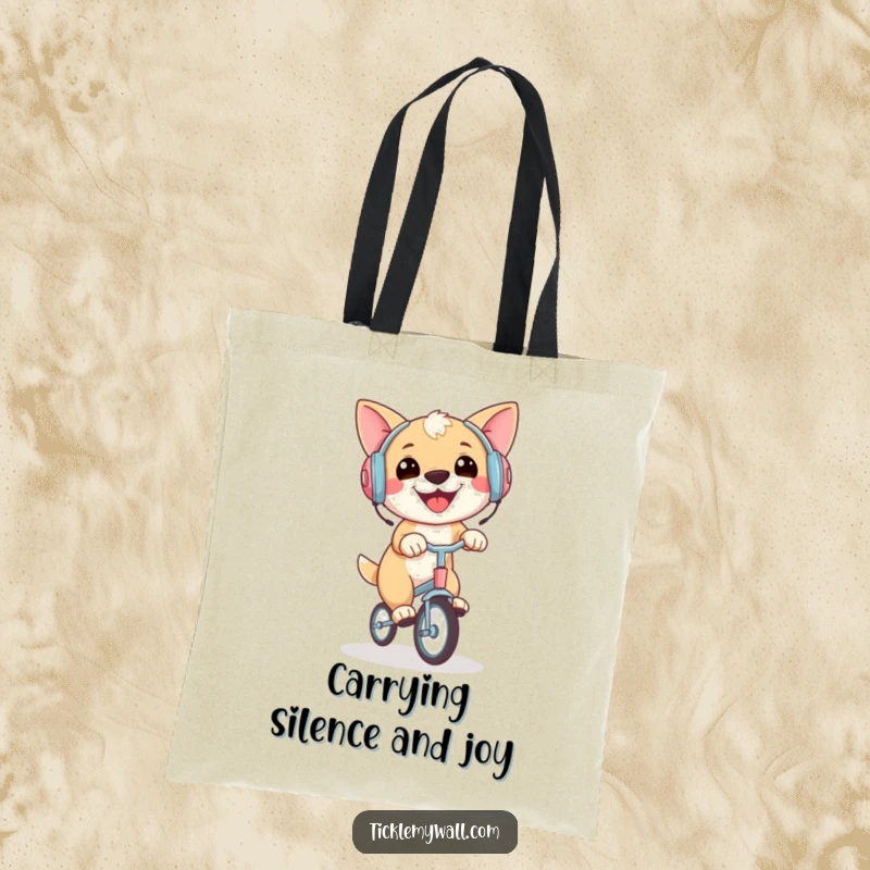 Funny tote bag featuring a joyful dog in earmuffs, confidently riding a small unicycle, ideal for carrying humor and essentials.