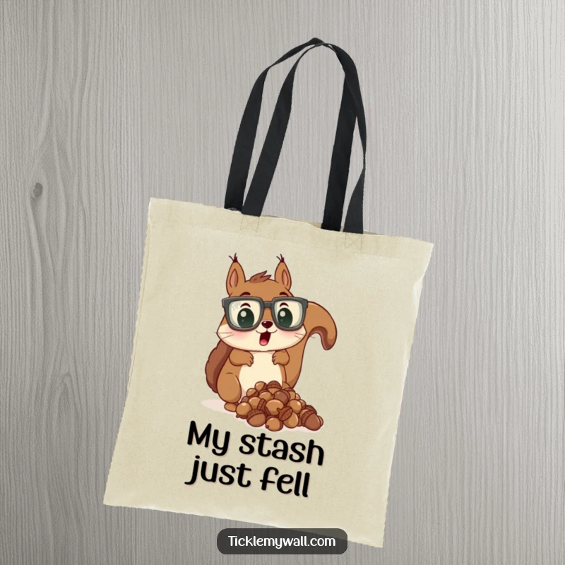 Funny tote bag showing a surprised squirrel wearing oversized glasses dropping acorns, practical and humorous.