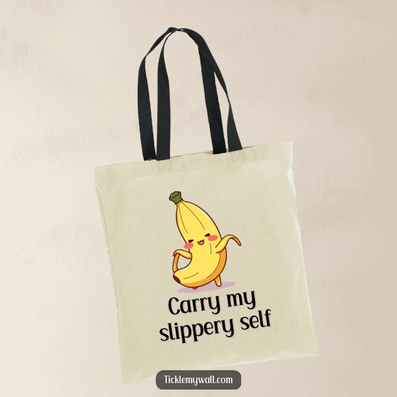 Funny Banana Peel Slip Tote Bag: A blushing banana peel character comically slipping on itself, great for carrying laughter.