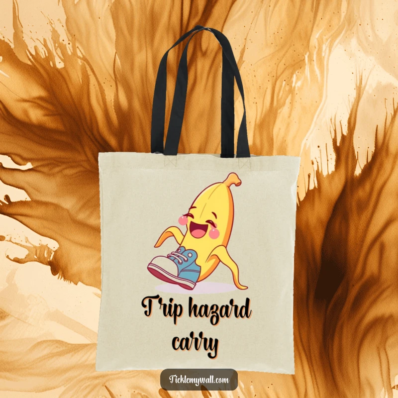 Funny banana peel tote bag, tripping a surprised shoe, humorous accessory, great funny gift.
