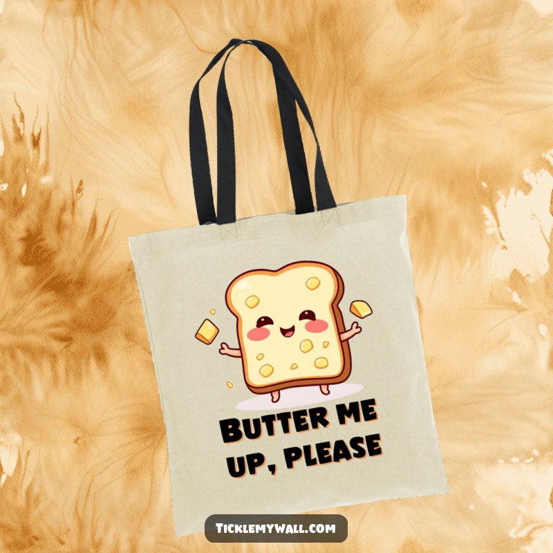 Funny tote bag showcasing a blushing piece of toast in the act of gleefully juggling many pats of delicious butter.