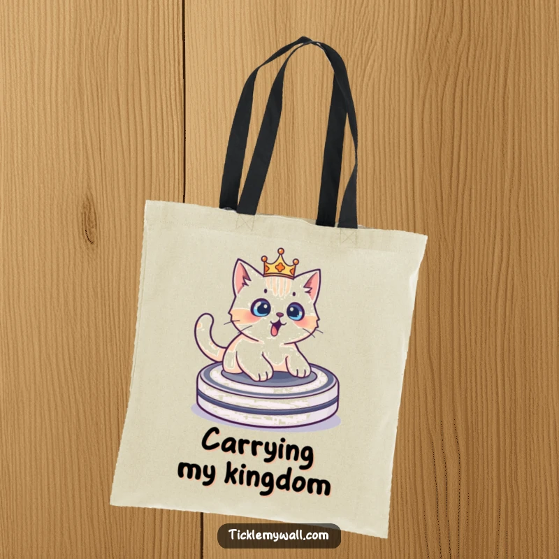 Funny surprised cat in a crown riding a Roomba, a durable and humorous tote bag for carrying daily items.