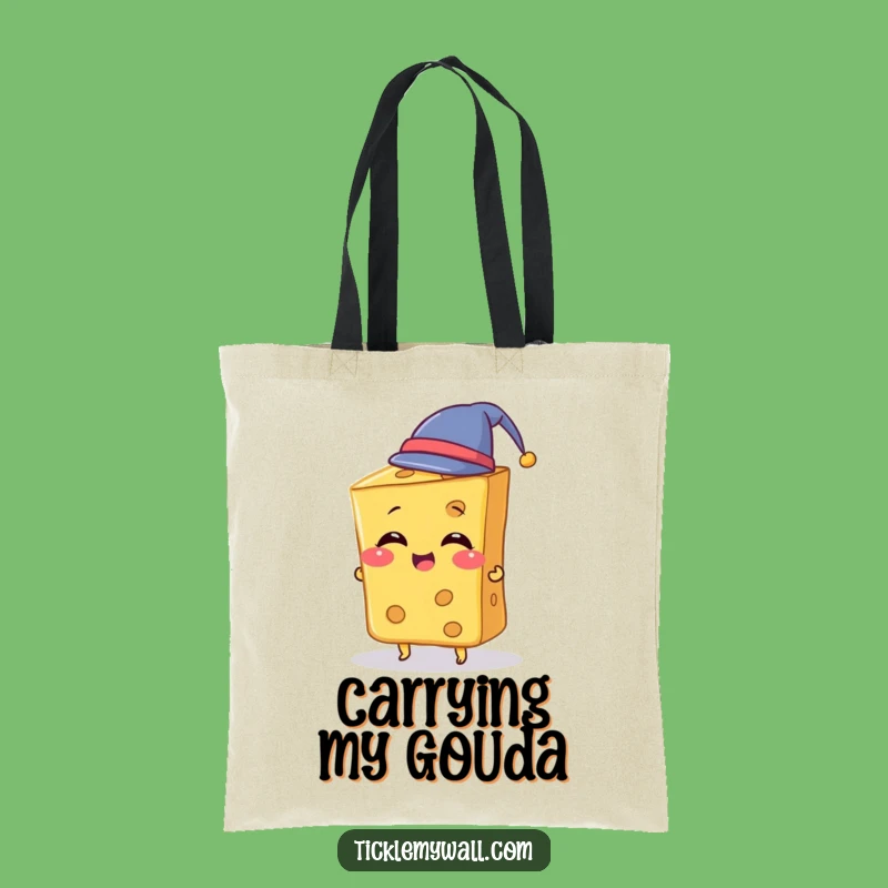 Funny Cheese Hat Tote Bag: Giggling Cheese Slice Tries Tiny Hat, Eco-Friendly Funny Gift