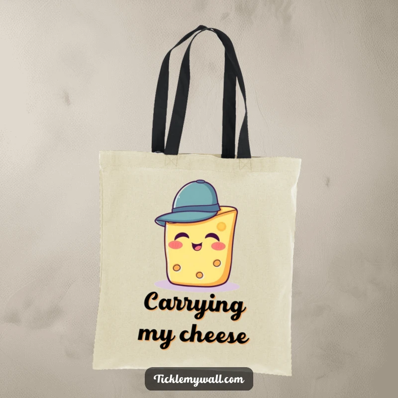 Funny tote bag with a smiling slice of cheese trying to wear a tiny hat.
