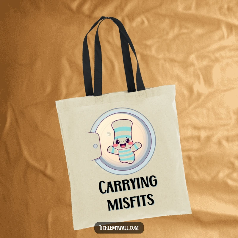 Funny sock tote bag showing a confused sock with a sock puppet in a dryer, a humorous and practical accessory.