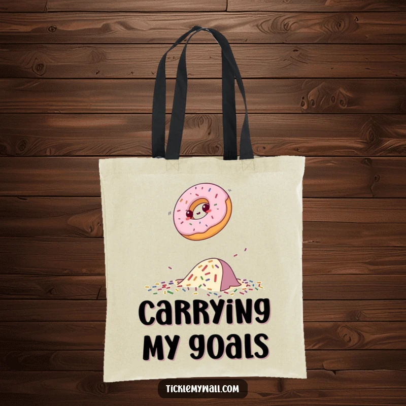Funny donut tote bag showing a brave donut leaping over a sprinkle obstacle, a humorous and practical carry-all.