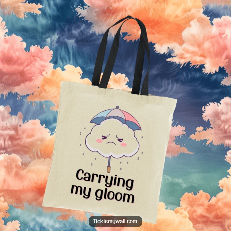 Funny Grumpy Cloud Tote Bag, a frowning cloud under a tiny umbrella, raining giggles, a humorous accessory.