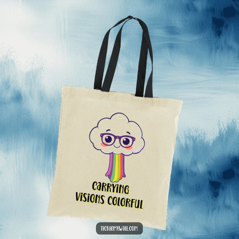 Funny, smiling cloud character sporting spectacles, pouring a spectacular rainbow onto a durable, reusable tote bag.
