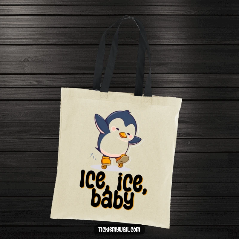 Funny tote bag featuring a penguin falling mid-roller skate. A practical and humorous bag for everyday use.