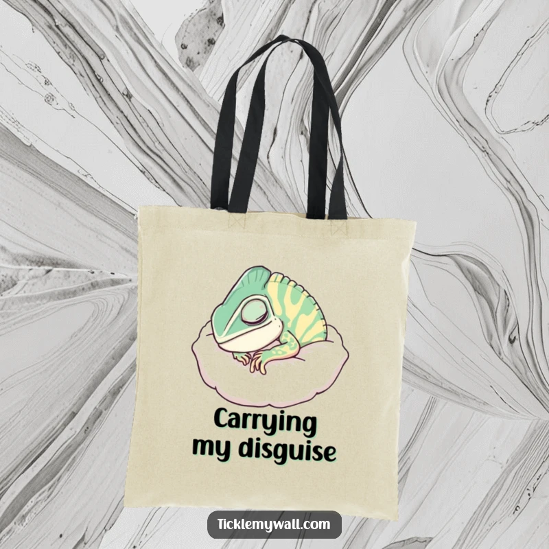 Funny Chameleon Pillow Tote Bag, a chameleon disguised as a comfy pillow, snoring peacefully, a practical and amusing accessory.