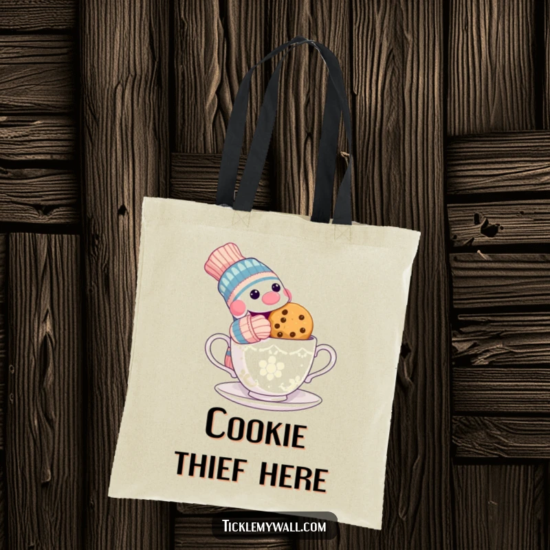 Funny tote bag featuring a mischievous sock puppet stealing a cookie from a surprised teacup, a humorous and practical accessory.