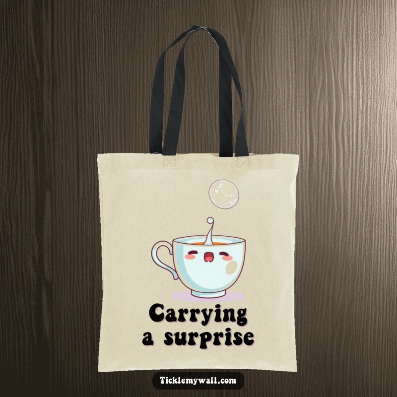 Funny startled teacup spilling a single, large bubble, on a durable tote bag, ideal for shopping and humor.