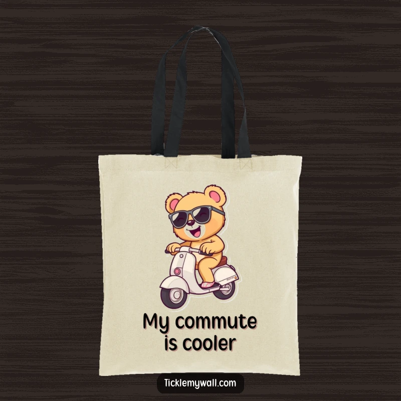 Funny teddy bear with sunglasses riding a miniature scooter, printed on a durable and spacious tote bag, great for shopping.