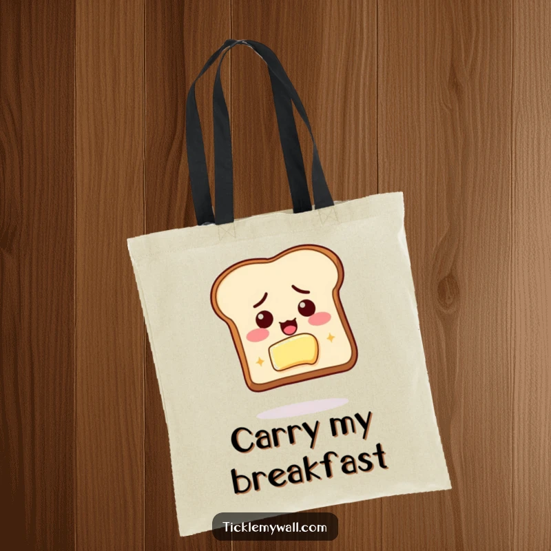 Funny tote bag featuring determined toast floating towards butter, ideal for carrying essentials with breakfast-themed humor.