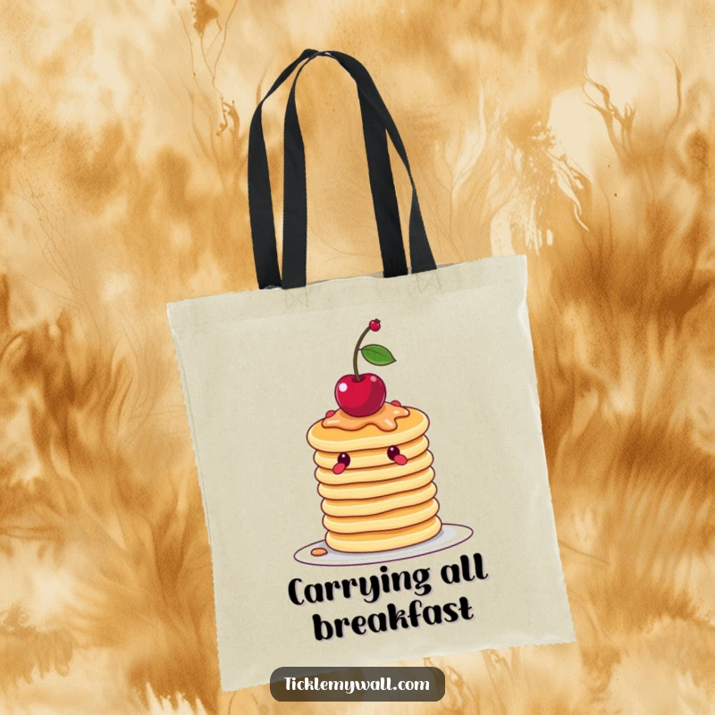 Funny wobbly stack of pancakes attempting to balance a cherry, on a durable tote bag, ideal for shopping and food lovers.