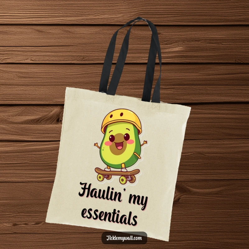 Funny smiling avocado wearing a tiny helmet rides a skateboard with a cool, determined expression on a durable canvas tote bag.