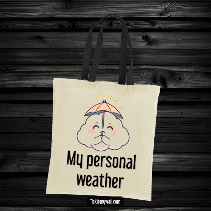 Funny tote bag with a nervous cloud character holding a tiny umbrella, comically attempting to block a single sunbeam. Expressive and humorous.