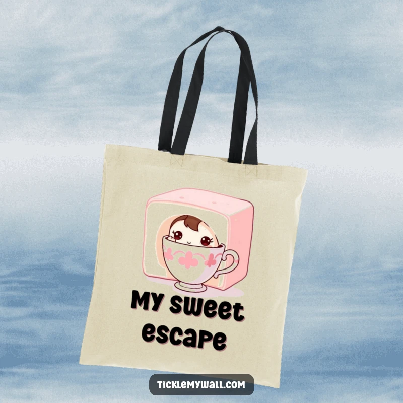 Funny Shy Teacup Tote Bag: A shy teacup character hiding behind a sugar cube, perfect for carrying essentials with charm.